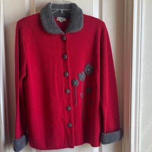 Penny Red Cardigan with Gray Floral Details